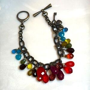 Fossil Link Chain Bracelet With Rainbow Faceted Glass Beads & Charms Ladies OS